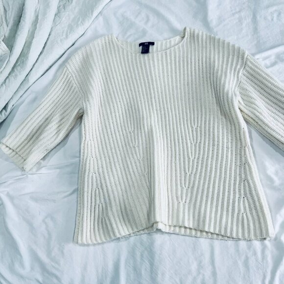 H&M Ivory/Cream Knit Pullover Sweater 3/4 Length Sleeves Loose Chunky Sweater - Picture 4 of 9